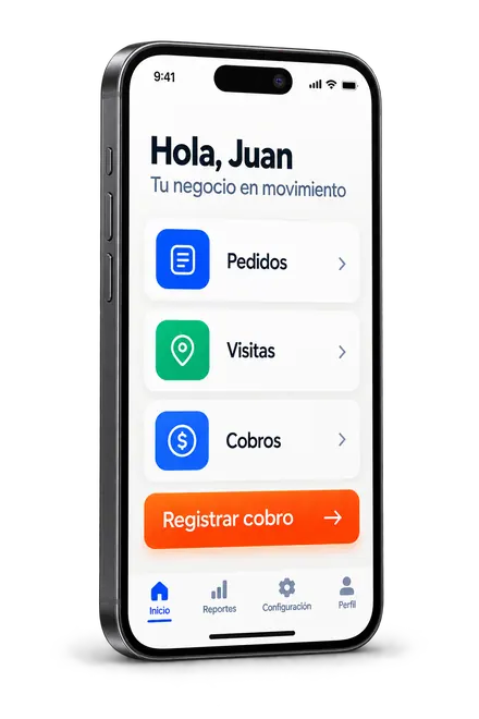 Ilustración de app con pedidos, visitas y cobros